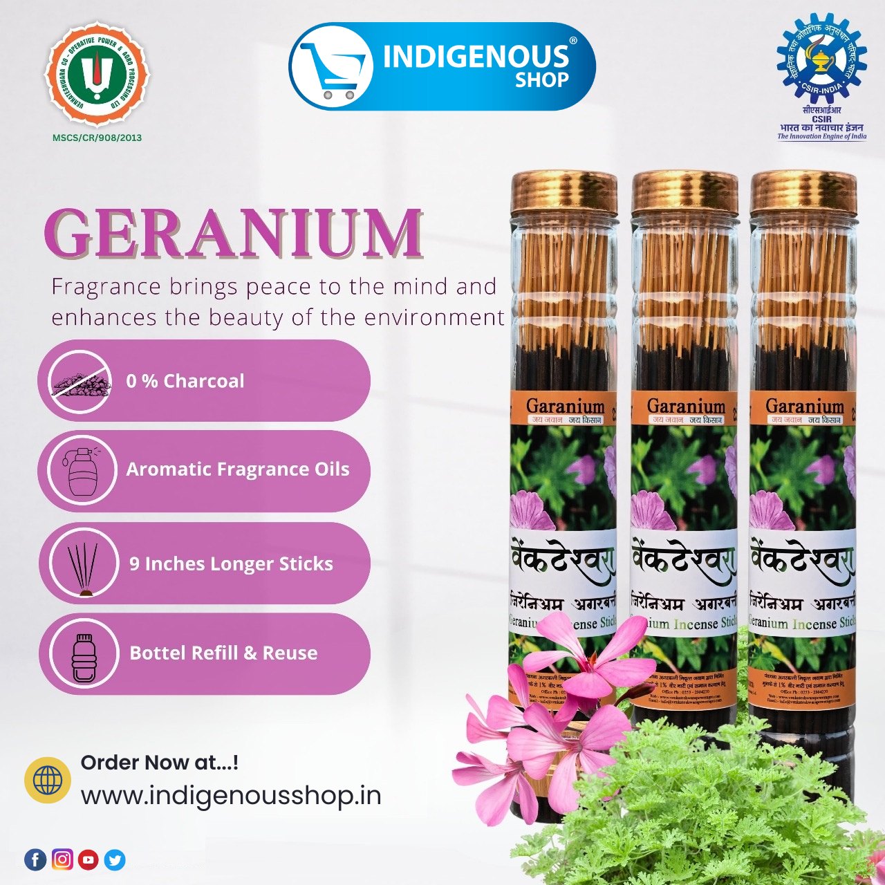 Venkateshwara Geranium Natural Agarbatti
Geranium an Ayurvedic plant with a fresh floral aroma and its oil is used for aromatherapy, the Venkateshwara Geranium incense stick is made up of pure residue of Geranium leaves and panchgavya which are completely natural uplifting citrus and floral notes to calm the mind, and ease stress.
#venkateshwaraAgarbatti #panchagavyaagarbatti #वेंकटेश्वराअगरबत्ती #વેંકટેશ્વરઅગરબત્તી #NaturalAgarbatti #organicfragrance #geranium #kesarchandan #ayodhya #woods #mogra #MadeWithPanchagavya #SahakarSeSamridhi #CooperativePower #ExServicemenFarmers #SwadeshiProducts #SupportLocalFarmers #AgroInnovation #EcoFriendlyIncense #AgroToExport #VocalForLocal #FarmToFragrance #MSCSCertified #IndianAgroPower #indigenousshop
