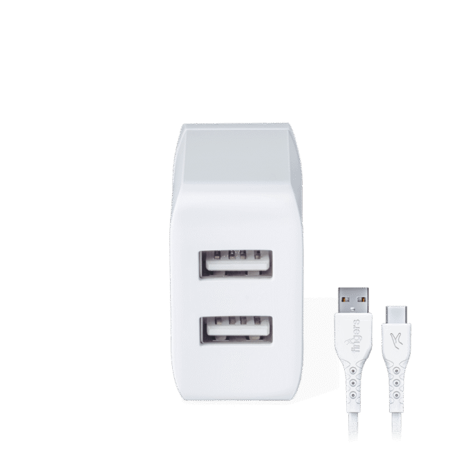 FINGERS PA-DualUSB Power Adapter with Type-C Cable | Dual USB Ports | 2.4A Output