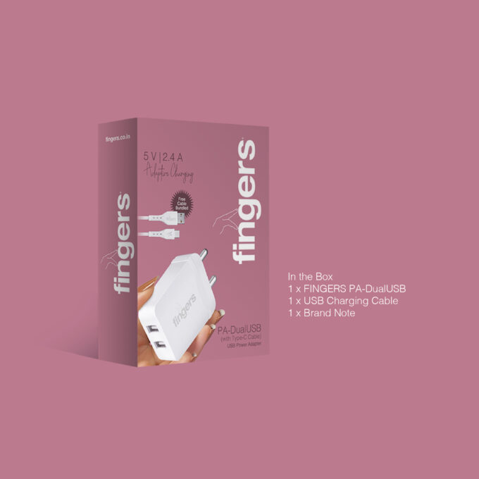 FINGERS PA-DualUSB Power Adapter with Type-C Cable | Dual USB Ports | 2.4A Output