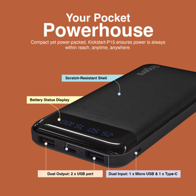 FINGERS Kickstart-P15 10,000 mAh Power Bank – Dual USB, LED Display