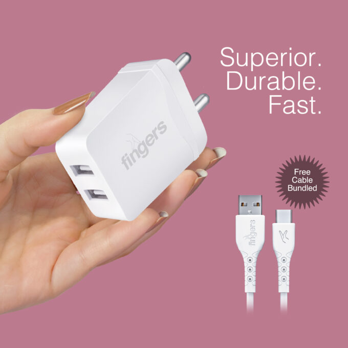 FINGERS PA-DualUSB Power Adapter with Type-C Cable | Dual USB Ports | 2.4A Output