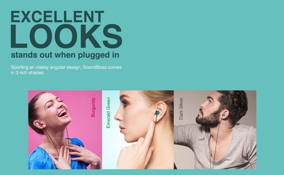 Premium FINGERS SoundBoss wired earphones in Burgundy, Emerald Green, and Dark Silver for excellent sound and looks