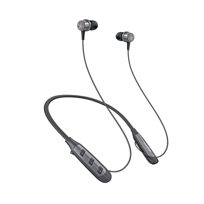 A sleek, black neckband with angular magnetic earbuds, designed for a snug in-ear fit.