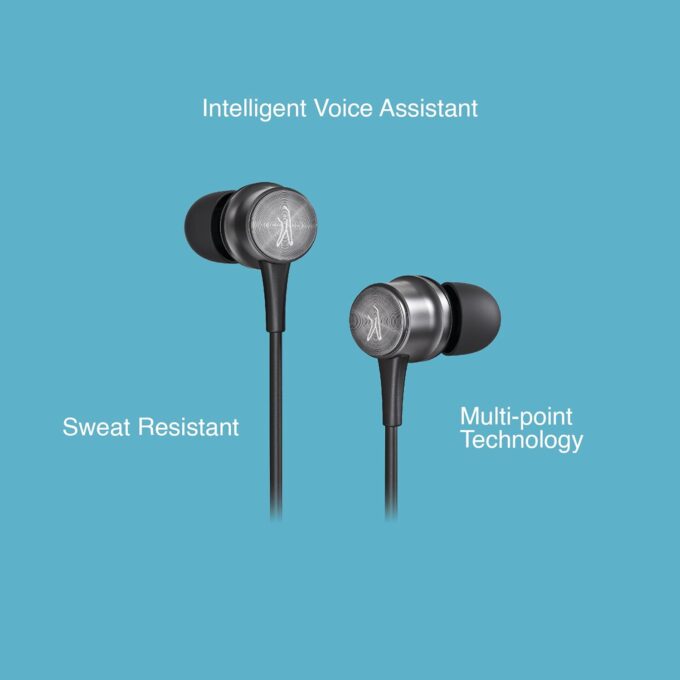 FINGERS Cozy Wireless in-Ear Bluetooth Neckband Earphones – Close-up view highlighting sweat-resistant design, intelligent voice assistant feature, and multi-point technology, with classic black and dark silver finish