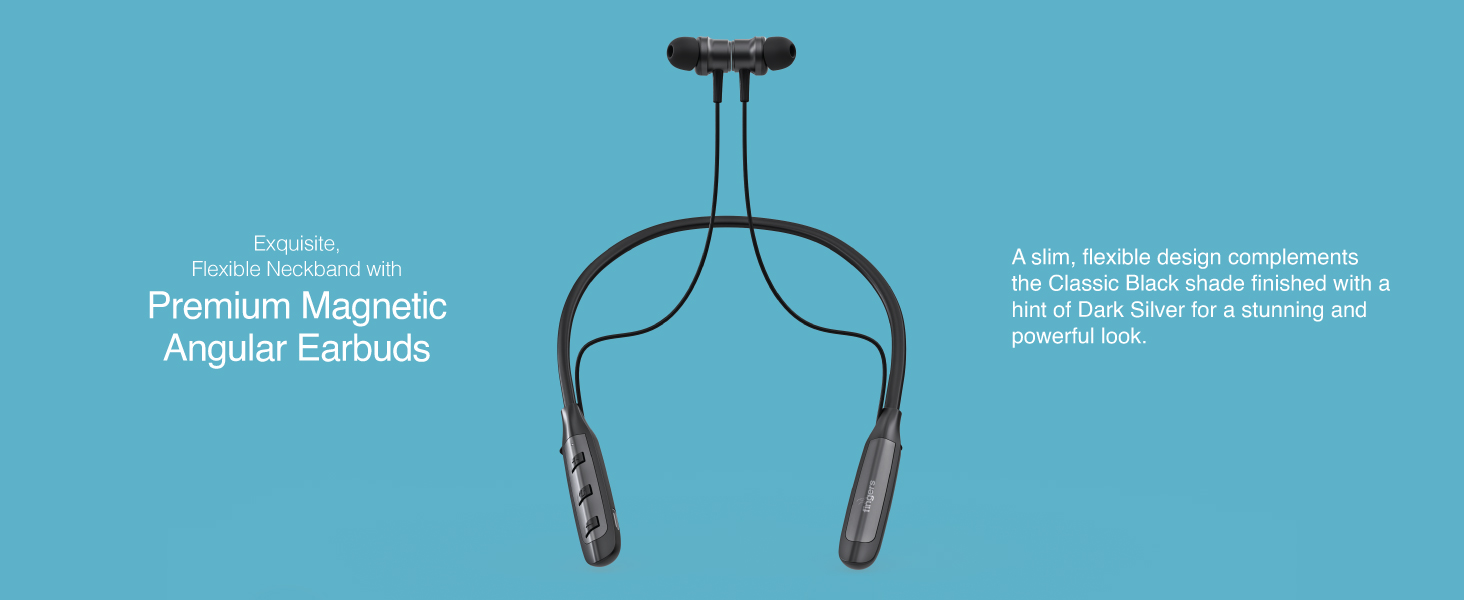 Black wireless neckband earphones with premium magnetic angular earbuds and flexible design, displayed on a blue background with product description.