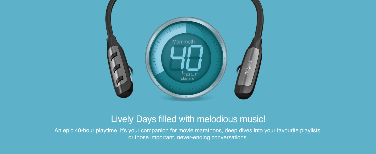 Wireless neckband earphones with 40-hour playtime displayed on a blue background with a digital timer graphic and product description