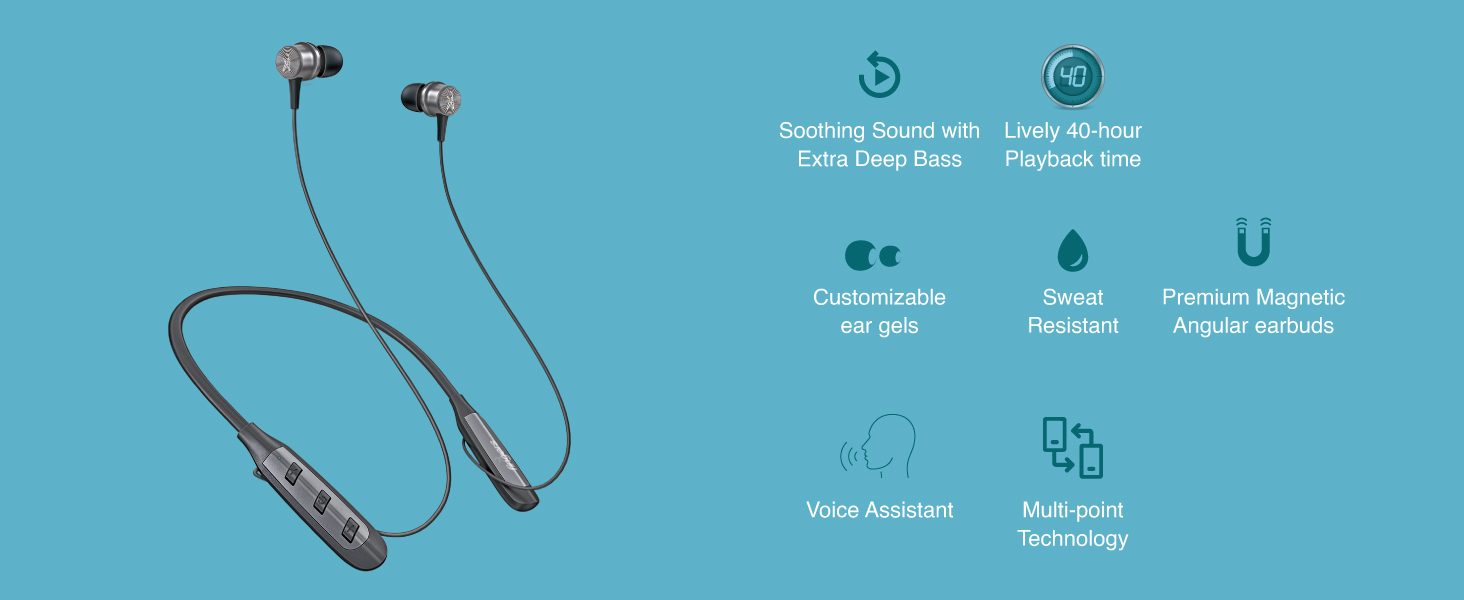 Wireless neckband earphones featuring extra deep bass, 40-hour playback, customizable ear gels, sweat resistance, magnetic earbuds, voice assistant, and multi-point technology